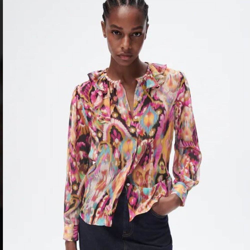 ZARA RUFFLED PRINT BLOUSE Size M NEW WITH TAG!